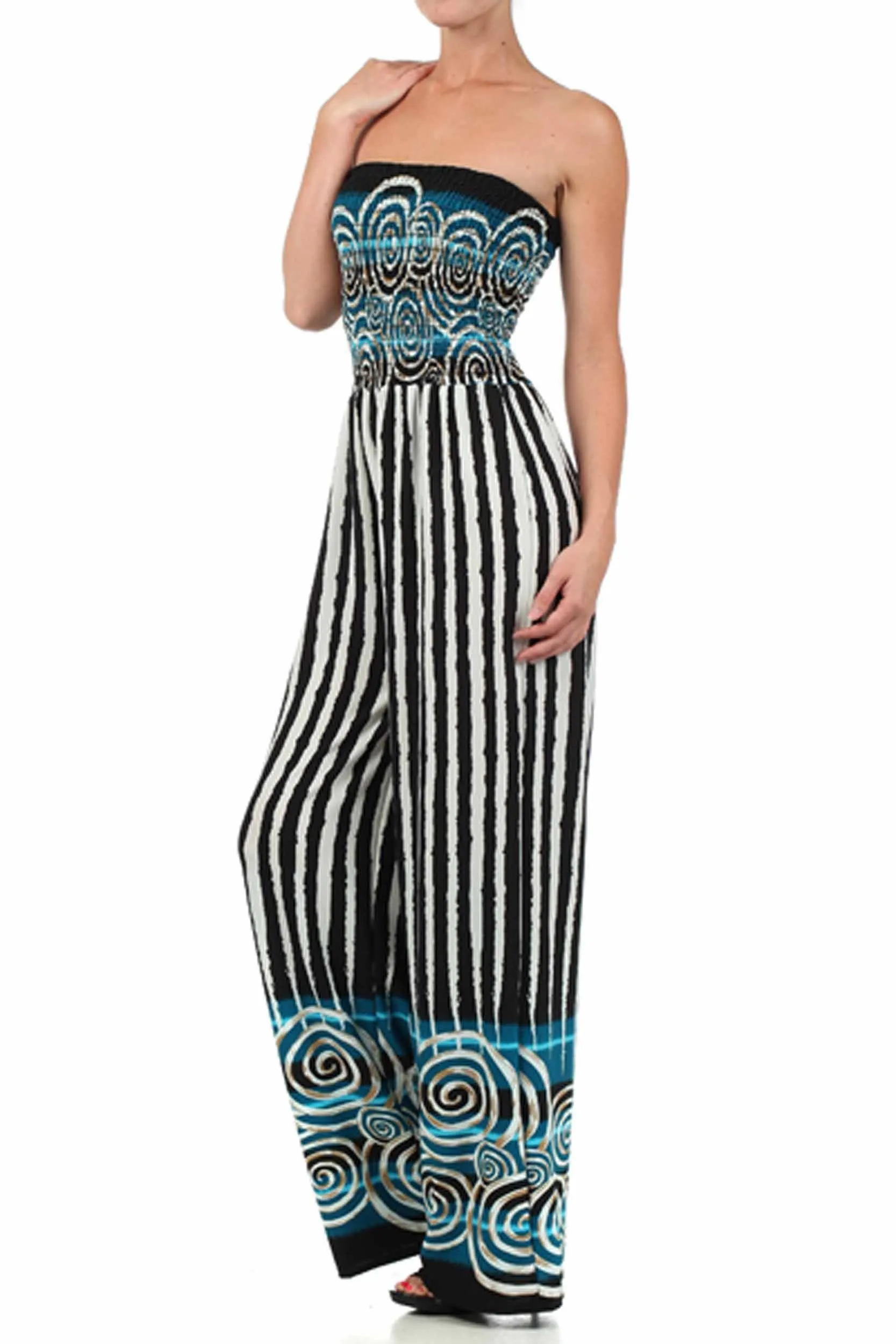 Sakkas Spiral Stripe Smocked Tube Top Wide Leg Jumpsuit