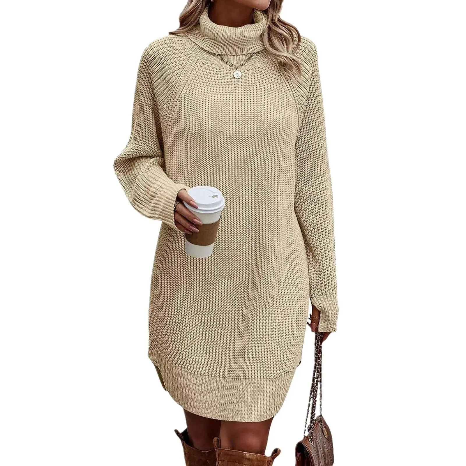 Sleeve Turtleneck Jumpers Sweaters Soft Knit Pullover Fall Winter Long Pullover Sweater Short Casual Long Dress