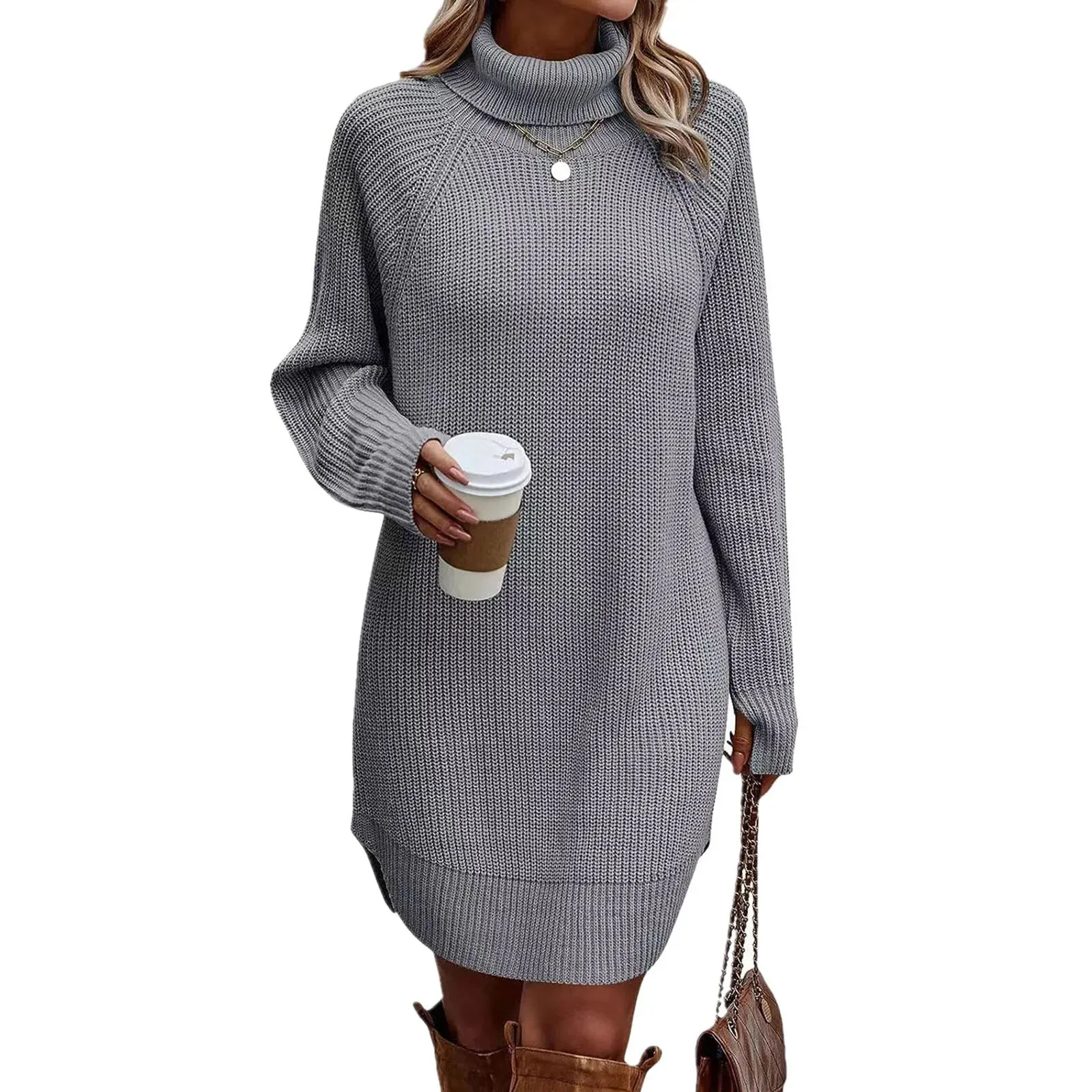 Sleeve Turtleneck Jumpers Sweaters Soft Knit Pullover Fall Winter Long Pullover Sweater Short Casual Long Dress