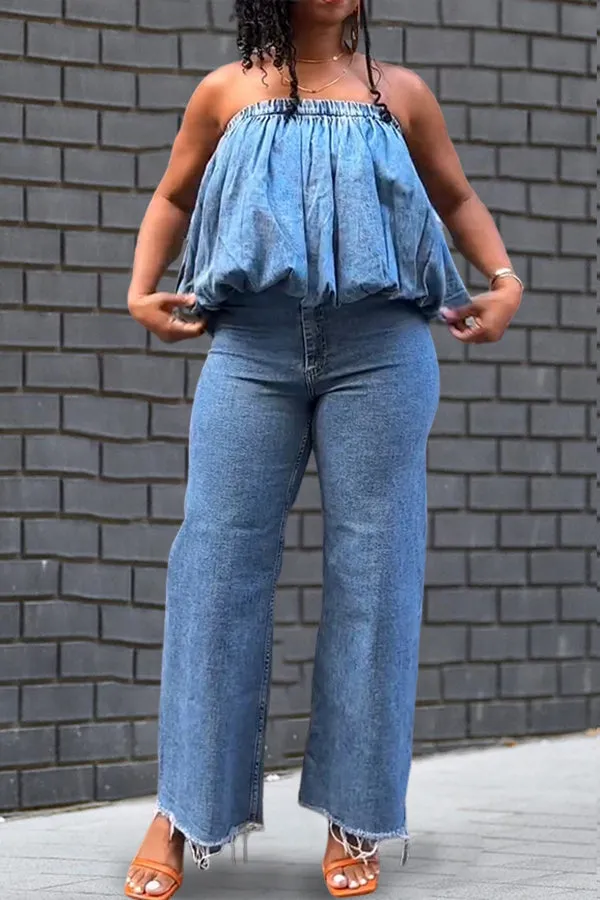 Summer Elastic Band Balloon Hem Denim Tube Top