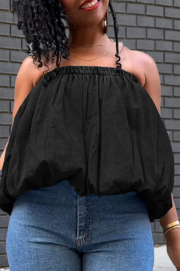 Summer Elastic Band Balloon Hem Denim Tube Top