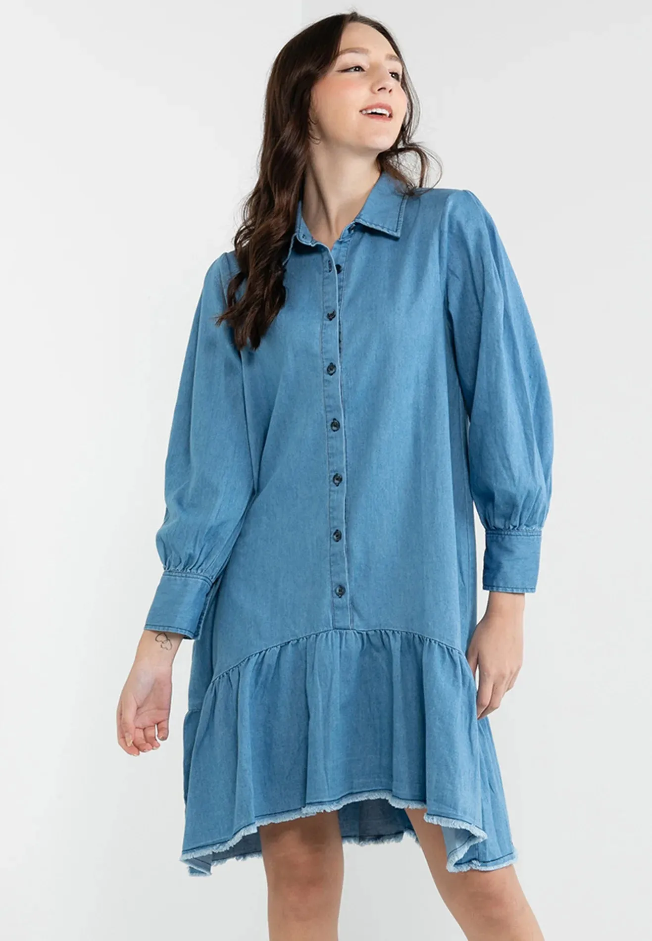 VOIR JEANS Raw Hemline Denim Maxi Dress