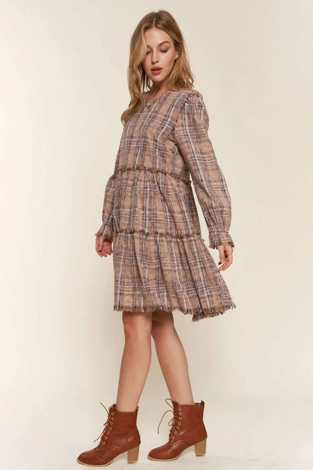 Washed Frayed Tiered Plaid Dress