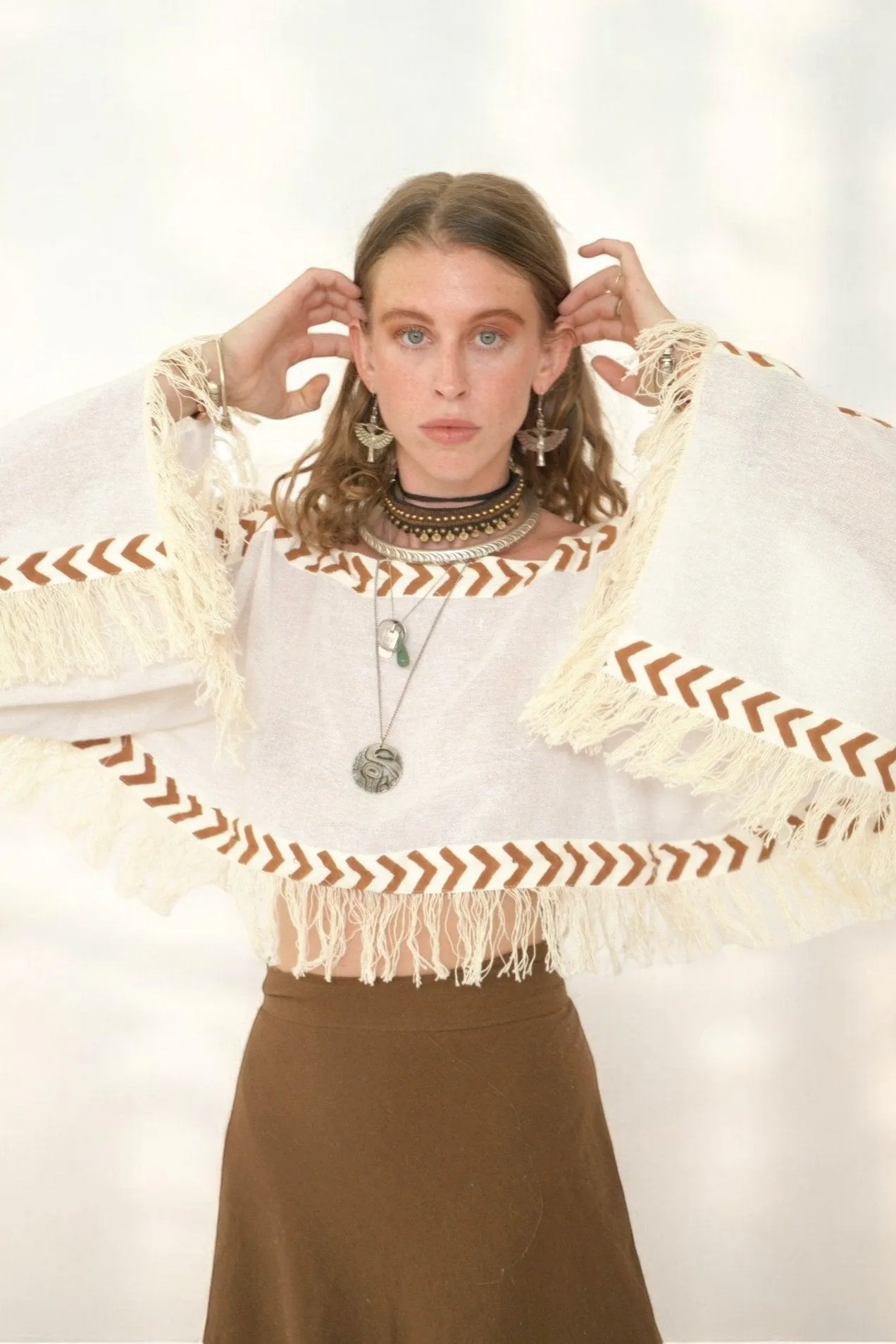 White Long Sleeve Crop Top with Fringe