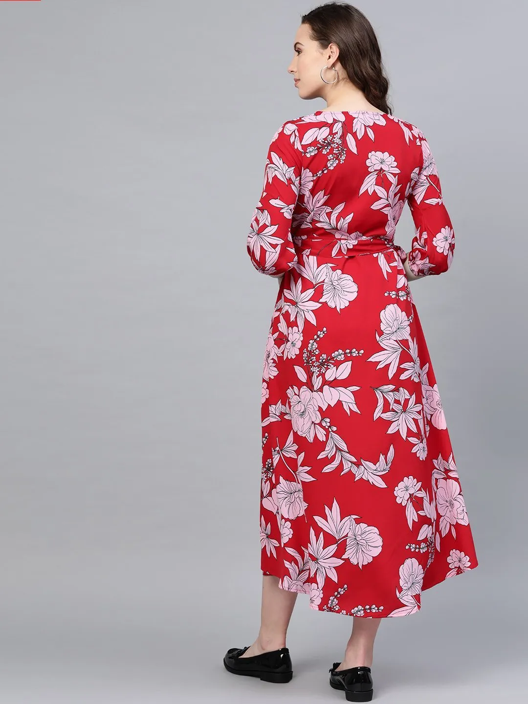 Women's Red Printed V Neck Casual Cute Party Dress