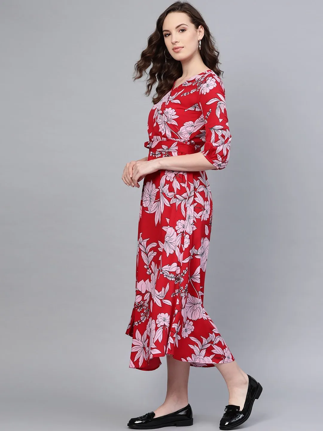 Women's Red Printed V Neck Casual Cute Party Dress