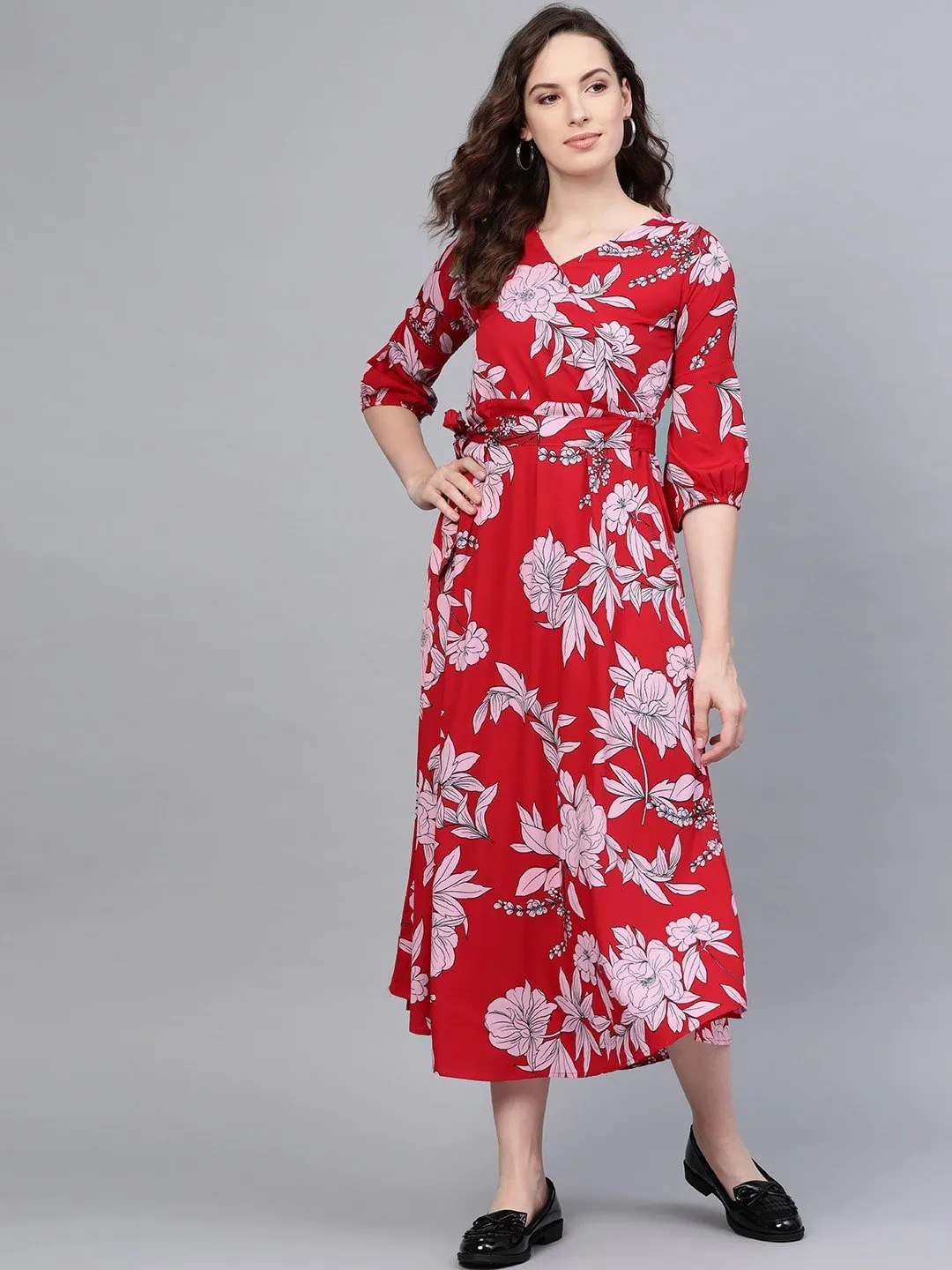 Women's Red Printed V Neck Casual Cute Party Dress