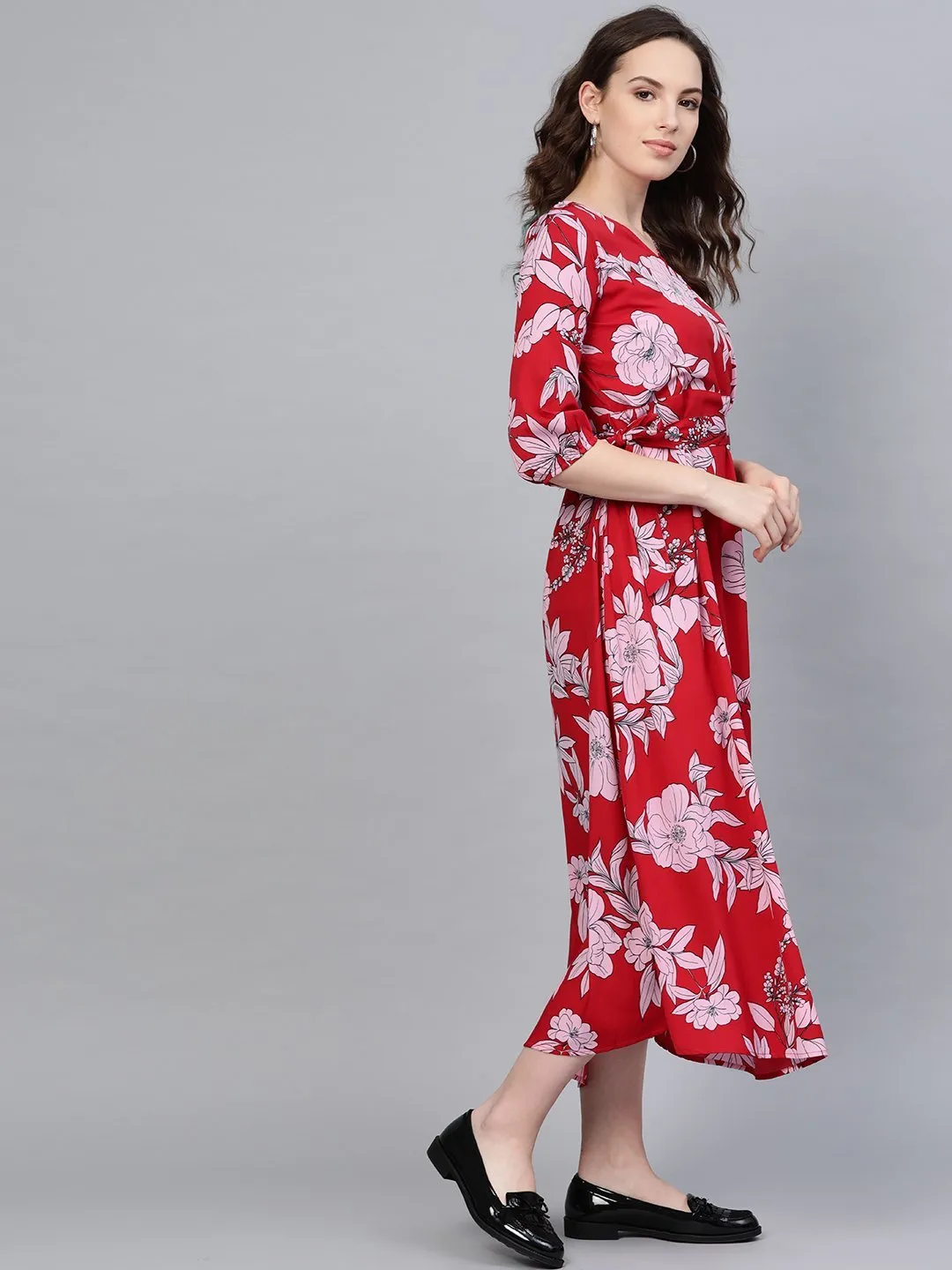 Women's Red Printed V Neck Casual Cute Party Dress